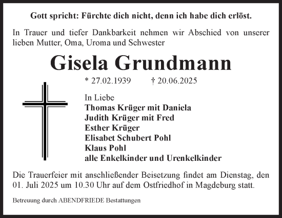 Traueranzeige von Gisela Grundmann von Volksstimme Magdeburg