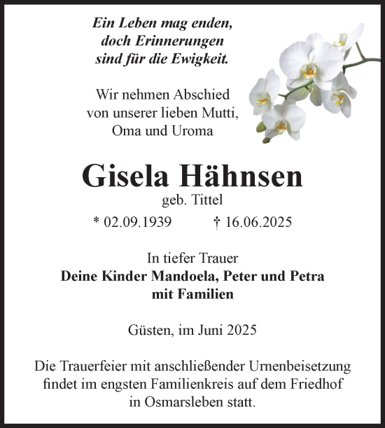 Traueranzeige von Gisela Hähnsen 