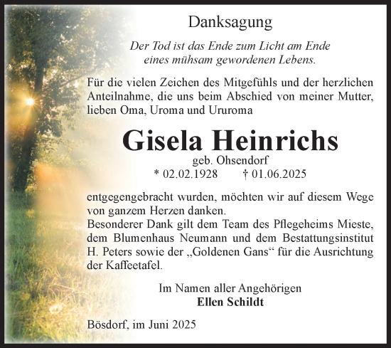 Traueranzeige von Gisela Heinrichs von Volksstimme Haldensleben/Wolmirstedt