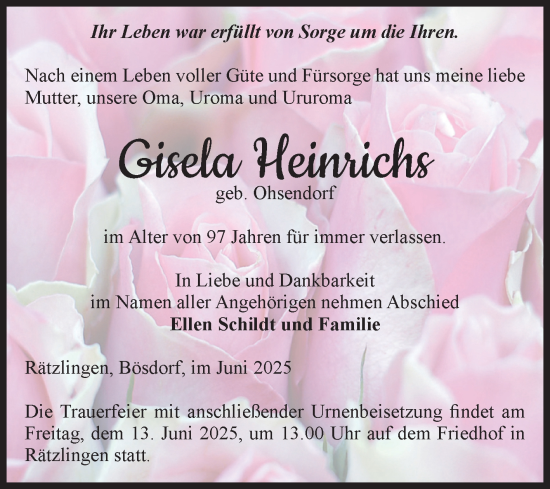 Traueranzeige von Gisela Heinrichs von Volksstimme Haldensleben/Wolmirstedt