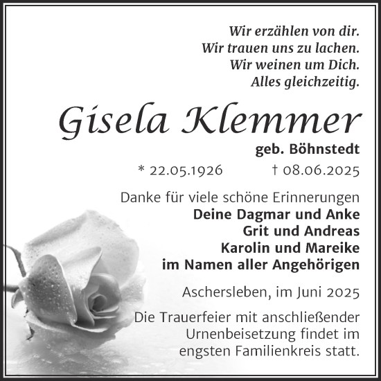 Traueranzeige von Gisela Klemmer von Trauerkombi Aschersleben