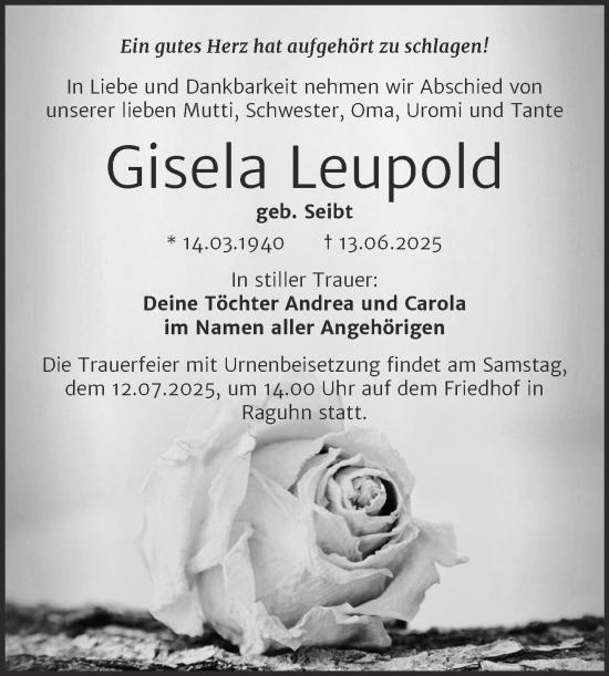 Traueranzeige von Gisela Leupold von Trauerkombi Bitterfeld