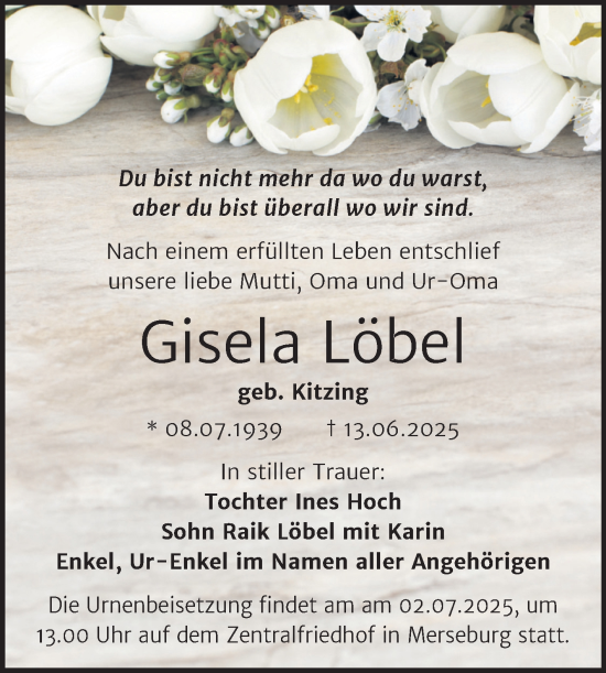 Traueranzeige von Gisela Löbel von Trauerkombi Merseburg