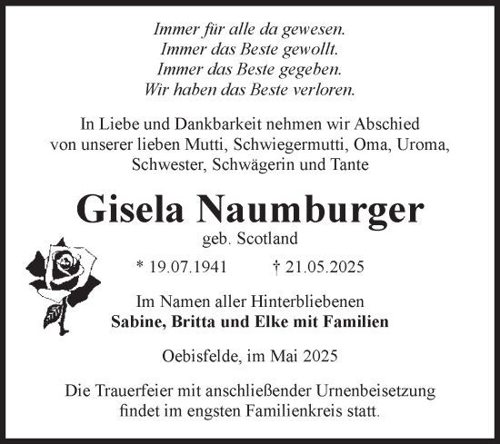 Traueranzeige von Gisela Naumburger von Volksstimme Altmark West