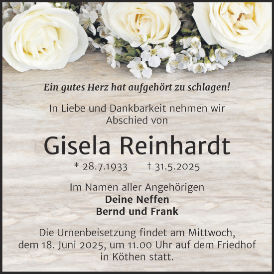 Traueranzeige von Gisela Reinhardt von Trauerkombi Köthen