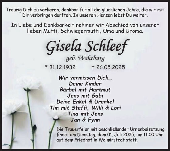 Traueranzeige von Gisela Schleef von Volksstimme Haldensleben/Wolmirstedt