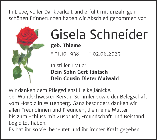 Traueranzeige von Gisela Schneider von Trauerkombi Wittenberg