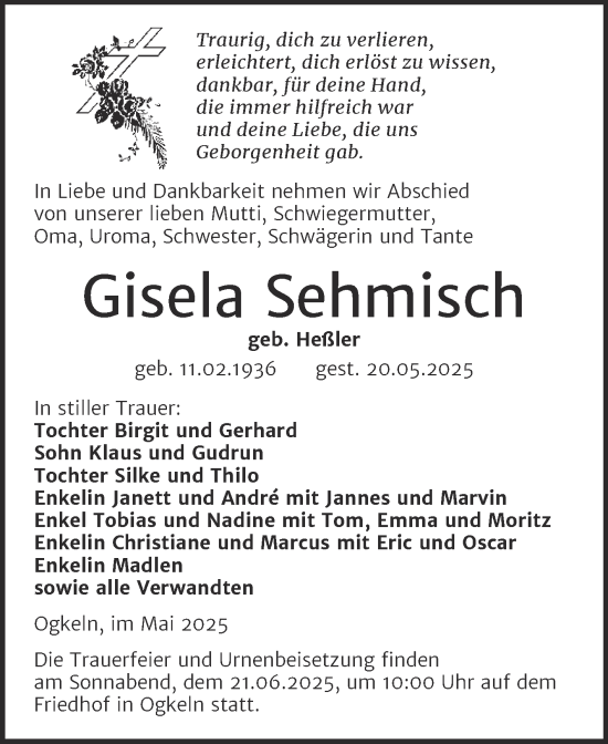 Traueranzeige von Gisela Sehmisch von Trauerkombi Wittenberg