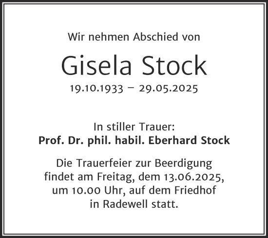 Traueranzeige von Gisela Stock von Mitteldeutsche Zeitung Halle/Saalkreis