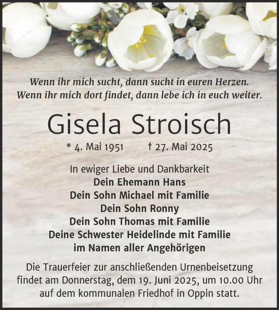 Traueranzeige von Gisela Stroisch von Mitteldeutsche Zeitung Halle/Saalkreis