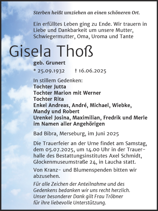 Traueranzeige von Gisela Thoß von Super Sonntag Naumburg/Nebra