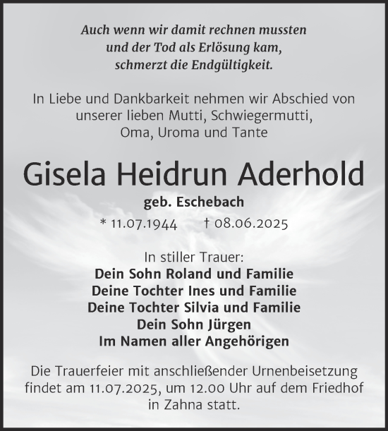 Traueranzeige von Gisela Heidrun Aderhold von Trauerkombi Wittenberg