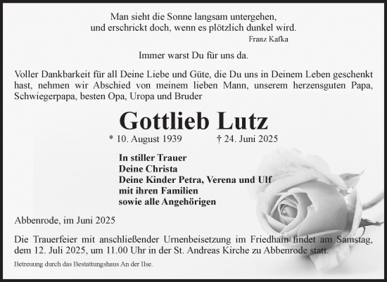 Traueranzeige von Gottlieb Lutz von Volksstimme Wernigerode