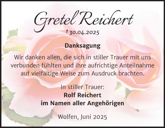 Traueranzeige von Gretel Reichert von Trauerkombi Bitterfeld