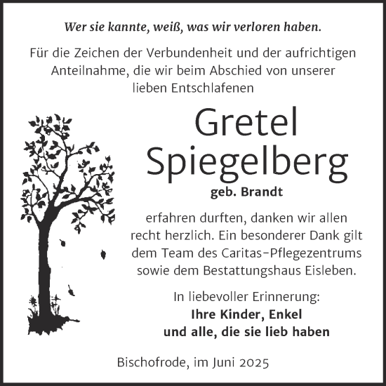 Traueranzeige von Gretel Spiegelberg von Trauerkombi Mansfelder Land