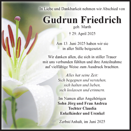 Traueranzeige von Gudrun Friedrich von Volksstimme Zerbst