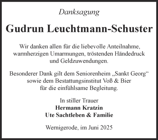 Traueranzeige von Gudrun Leuchtmann-Schuster von Volksstimme Wernigerode