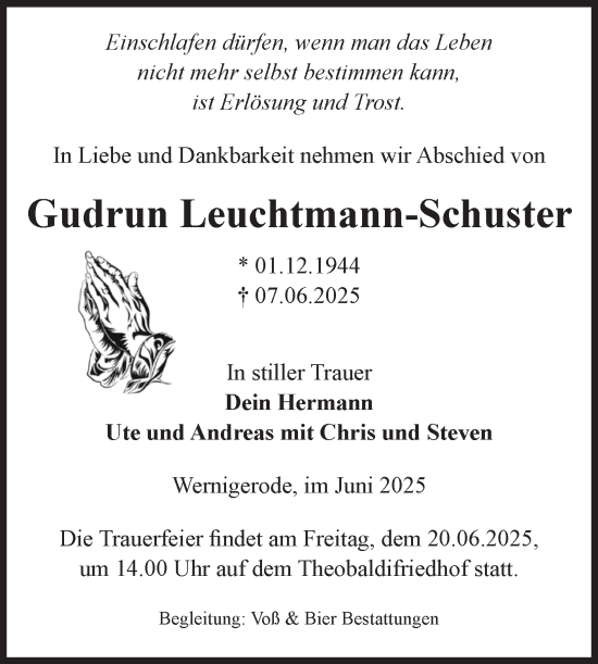 Traueranzeige von Gudrun Leuchtmann-Schuster von Volksstimme Wernigerode