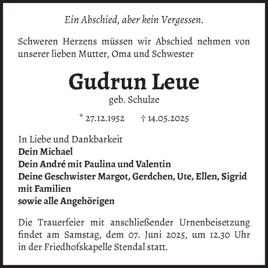 Traueranzeige von Gudrun Leue von Volksstimme Haldensleben/Wolmirstedt
