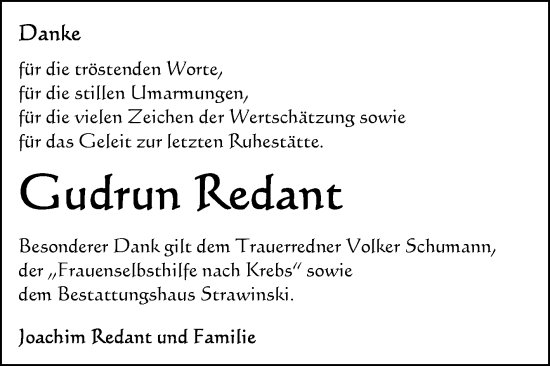 Traueranzeige von Gudrun Redant von Volksstimme Altmark Ost