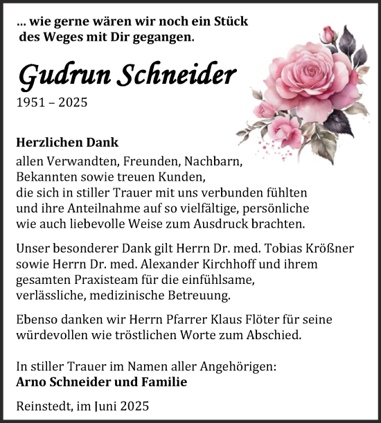 Traueranzeige von Gudrun Schneider von Trauerkombi Quedlinburg