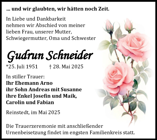 Traueranzeige von Gudrun Schneider von Trauerkombi Quedlinburg