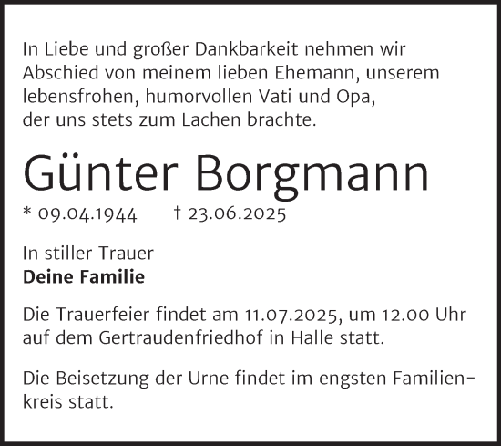 Traueranzeige von Günter Borgmann von Mitteldeutsche Zeitung Halle/Saalkreis
