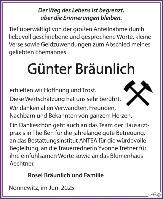 Traueranzeige von Günter Bräunlich von Trauerkombi Zeitz