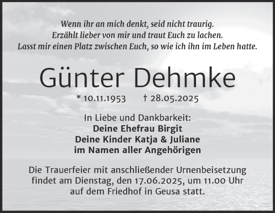 Traueranzeige von Günter Dehmke von Trauerkombi Merseburg