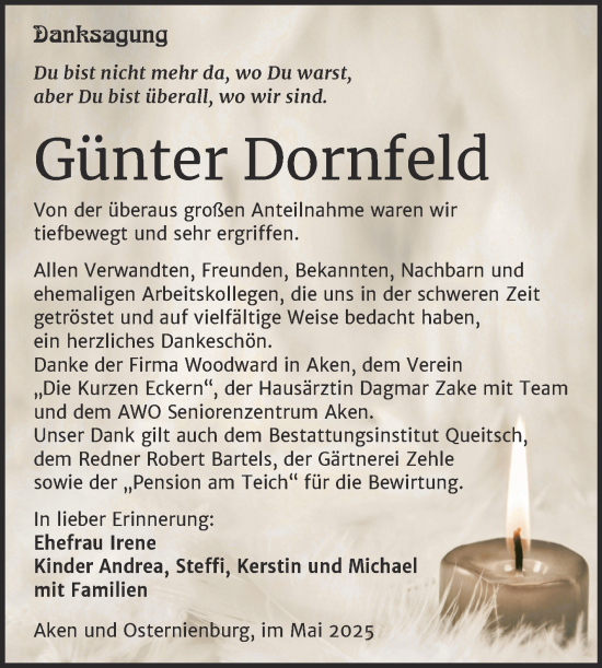 Traueranzeige von Günter Dornfeld von Trauerkombi Köthen