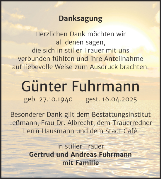 Traueranzeige von Günter Fuhrmann von Trauerkombi Wittenberg