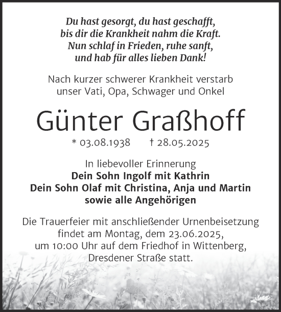 Traueranzeige von Günter Graßhoff von Trauerkombi Wittenberg