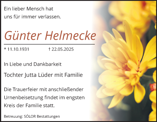 Traueranzeige von Günter Helmecke von Volksstimme Magdeburg