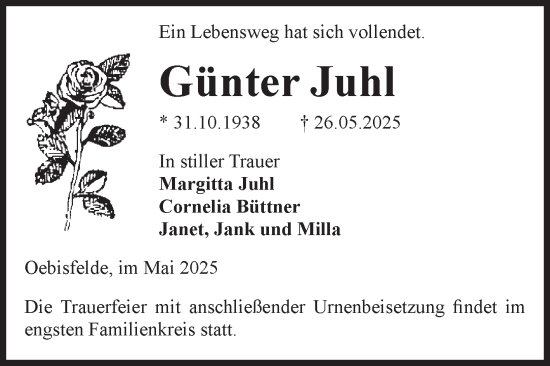 Traueranzeige von Günter Juhl von Volksstimme Altmark West