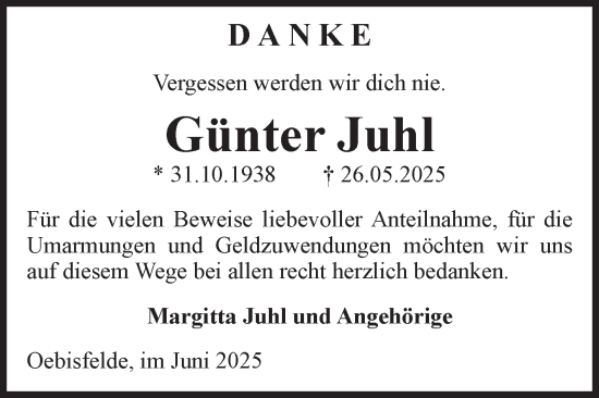 Traueranzeige von Günter Juhl von Volksstimme Altmark West