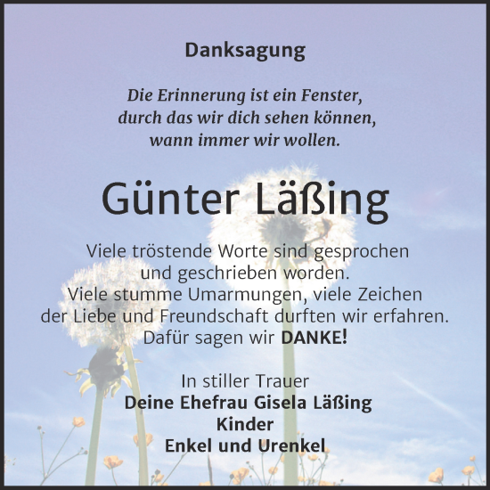 Traueranzeige von Günter Läßing von Trauerkombi Sangerhausen