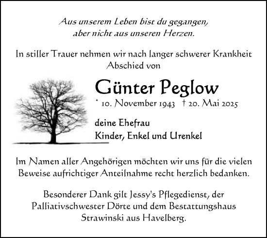 Traueranzeige von Günter Peglow von Volksstimme Altmark Ost