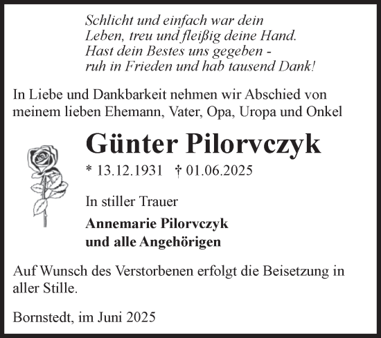 Traueranzeige von Günter Pilorvczyk von Volksstimme Haldensleben/Wolmirstedt
