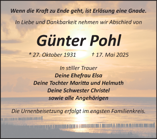 Traueranzeige von Günter Pohl von Trauerkombi Bitterfeld