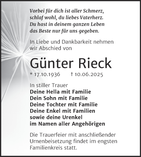 Traueranzeige von Günter Rieck von Trauerkombi Bitterfeld