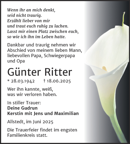 Traueranzeige von Günter Ritter von Trauerkombi Sangerhausen