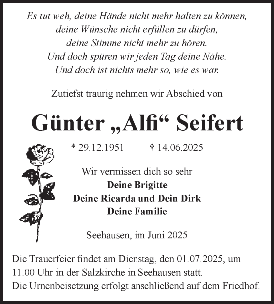 Traueranzeige von Günter Seifert von Volksstimme Altmark Ost