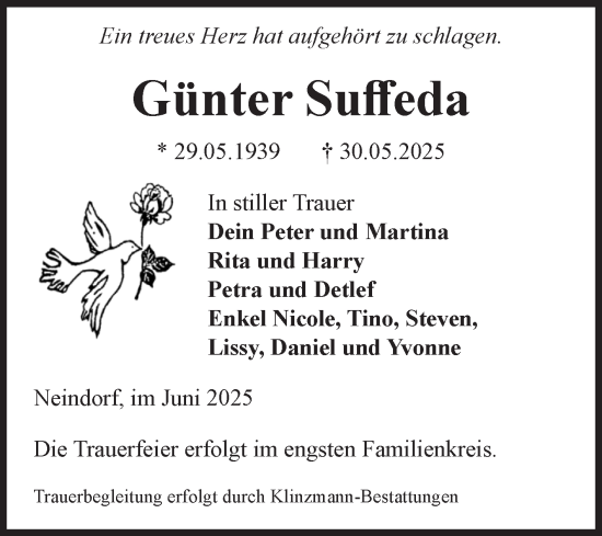 Traueranzeige von Günter Suffeda von Volksstimme Oschersleben/Wanzleben