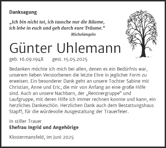 Traueranzeige von Günter Uhlemann von Trauerkombi Mansfelder Land