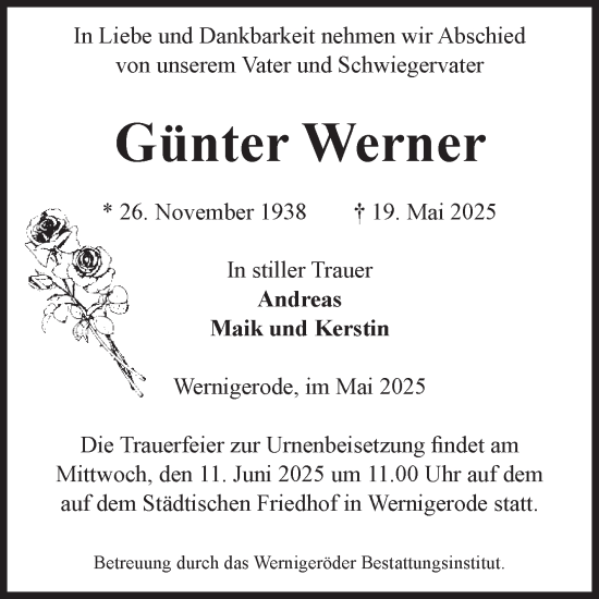 Traueranzeige von Günter Werner von Volksstimme Wernigerode