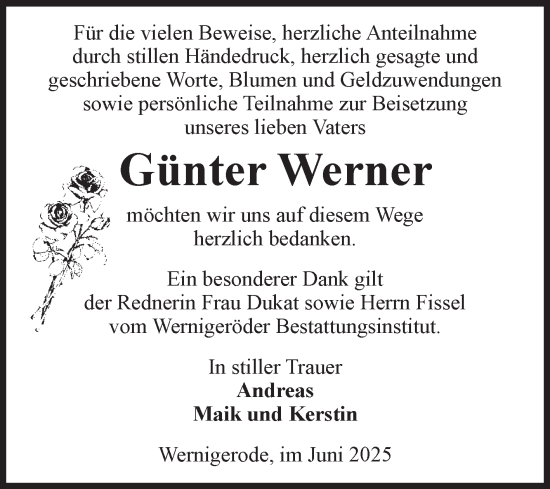 Traueranzeige von Günter Werner von Volksstimme Wernigerode