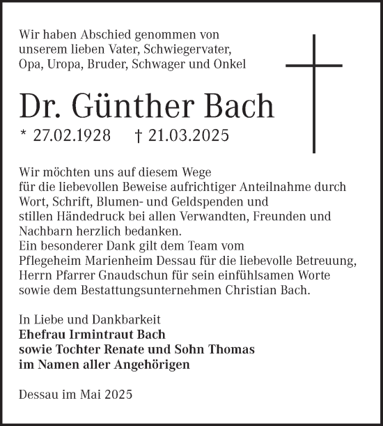 Traueranzeige von Günther Bach von Mitteldeutsche Zeitung Dessau-Roßlau