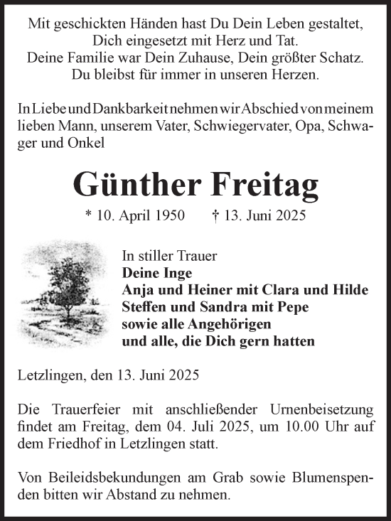 Traueranzeige von Günther Freitag von Volksstimme Altmark West