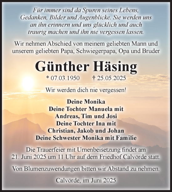 Traueranzeige von Günther Häsing von Volksstimme Haldensleben/Wolmirstedt