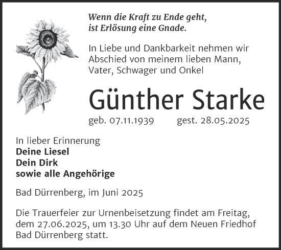 Traueranzeige von Günther Starke von Trauerkombi Merseburg